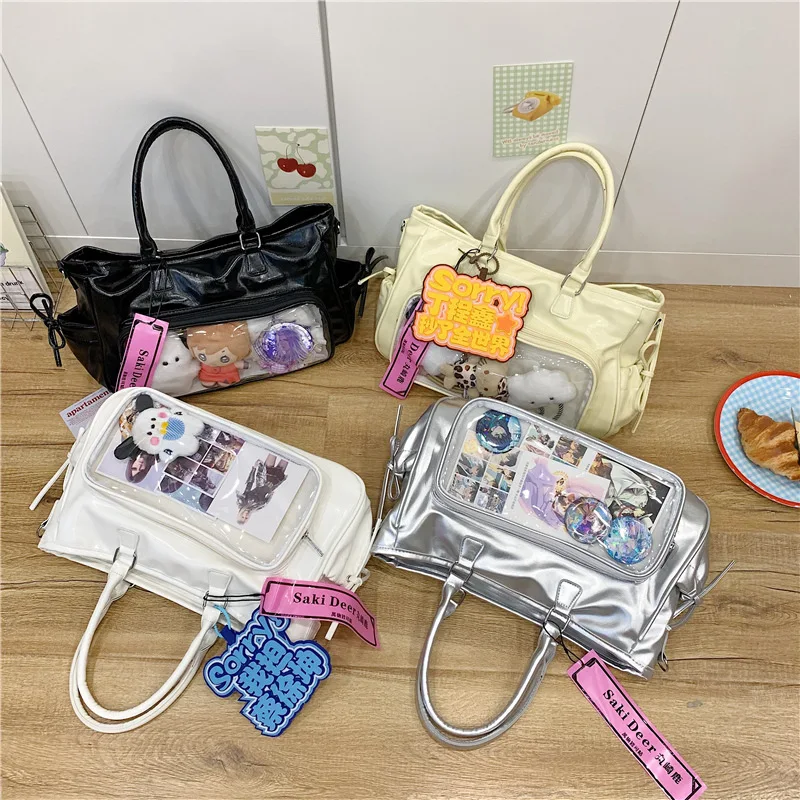 Ita Bag for Women Anime Transparent Pocket Itabag PU Leather Yellow Large Capacity Shoulder Crossbody Bag Daily School Concert
