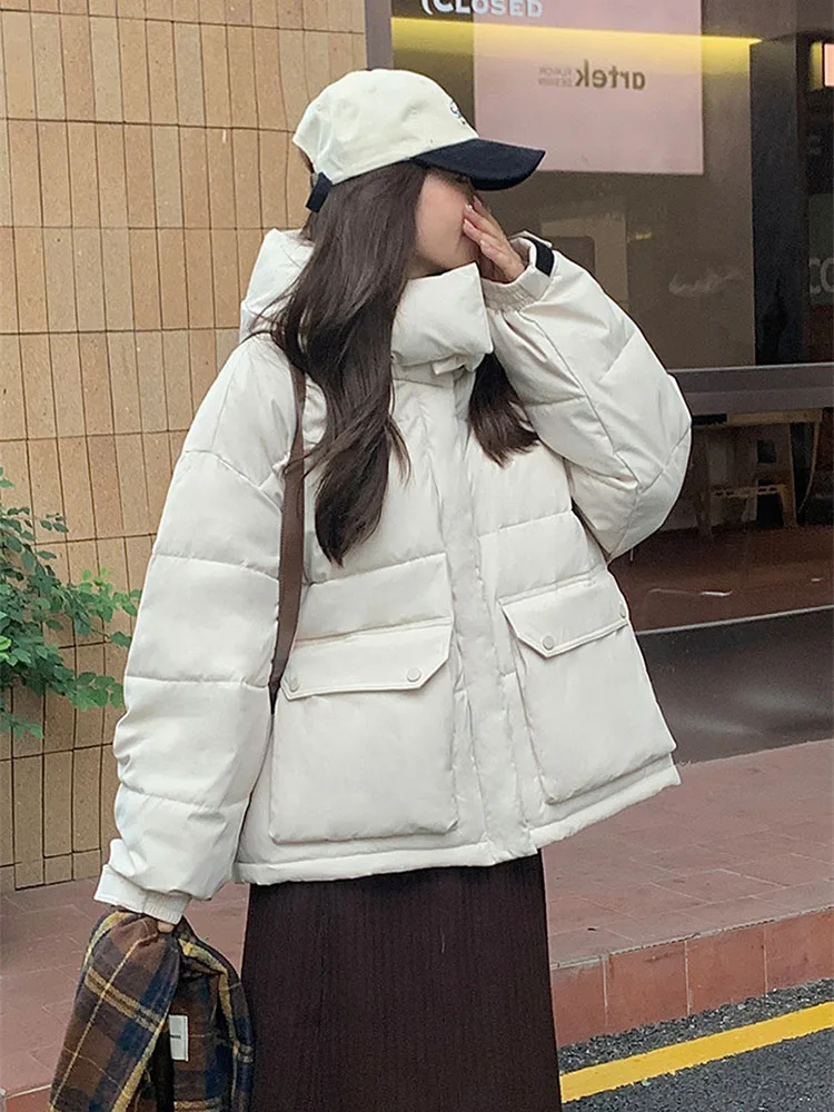 2026 Safari Style Oversize Loose Winter Short Coat Women Down Cotton-padded Jacket Hooded Parka Student Thicken Warm Outerwear