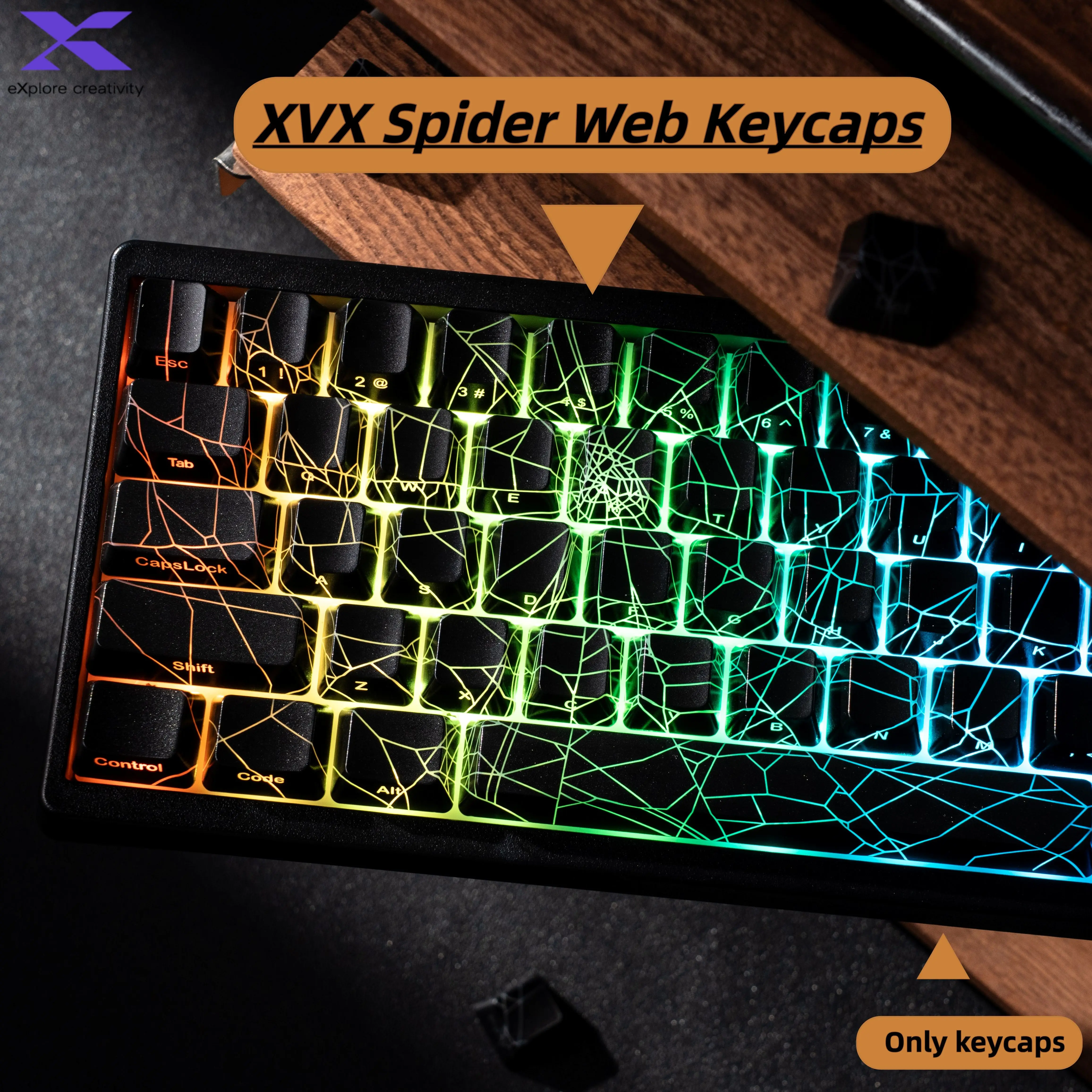 XVX Spider Web Keycaps OEM Profile Shine Through IMD-Tech Keycap Set 118 Keys Black Backlight(Only Keycaps)