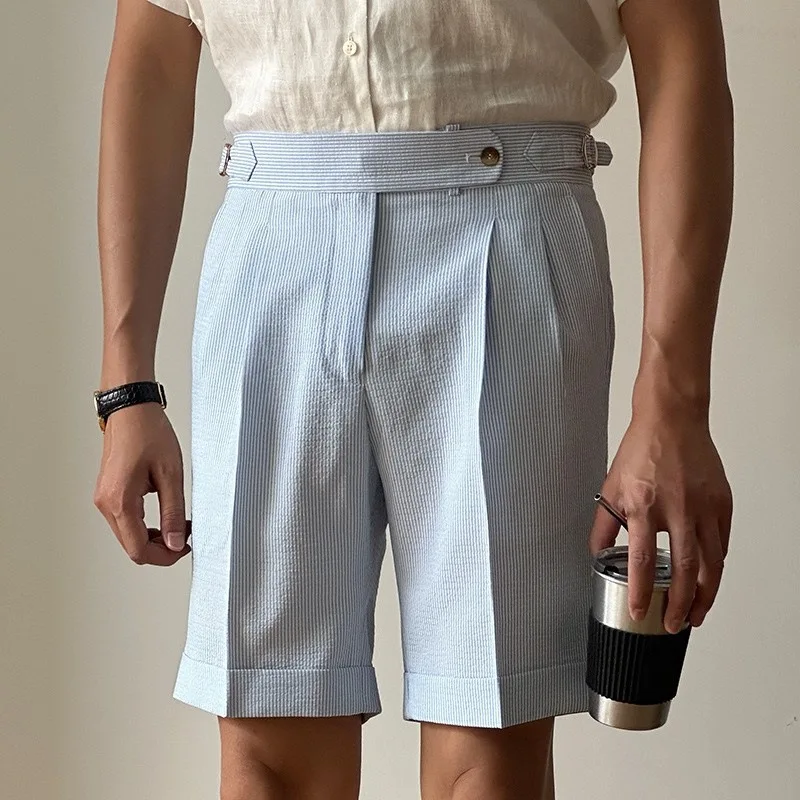 KIDWHXR Man Summer Suit Shorts British Style Striped Pleated Male Casual Shorts Loose Straight High Waist Breathable Men Shorts