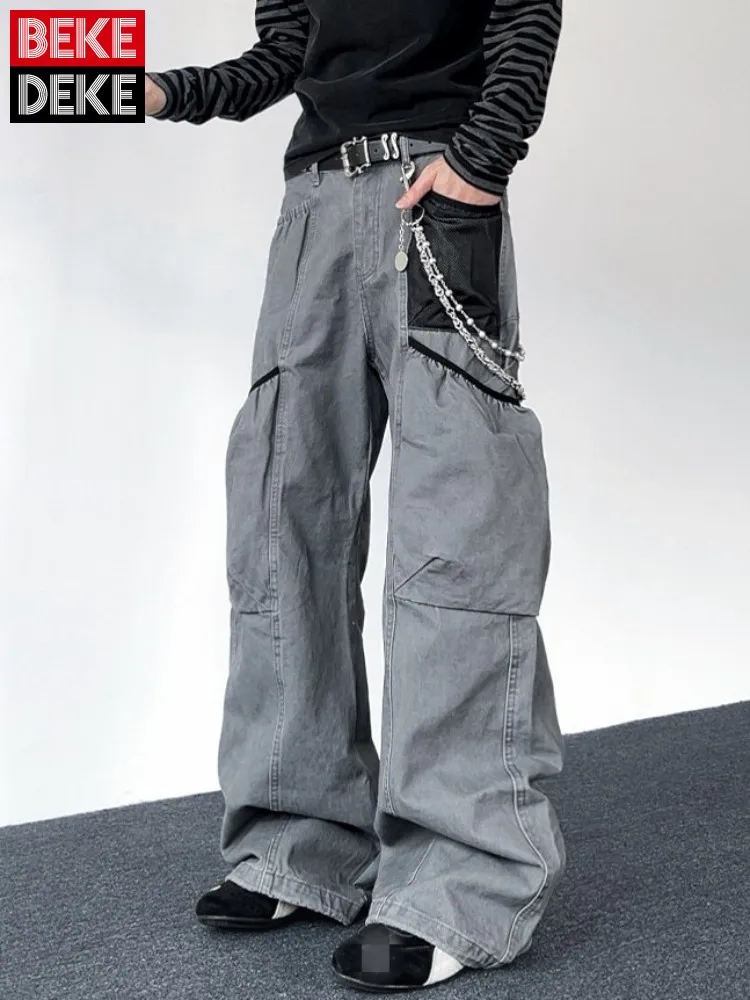 Hip Hop Vintage Mens Casual Pants American Style Streetwear Spliced Multi Pocket Cargo Pants Loose Fit Men Wide Leg Trousers