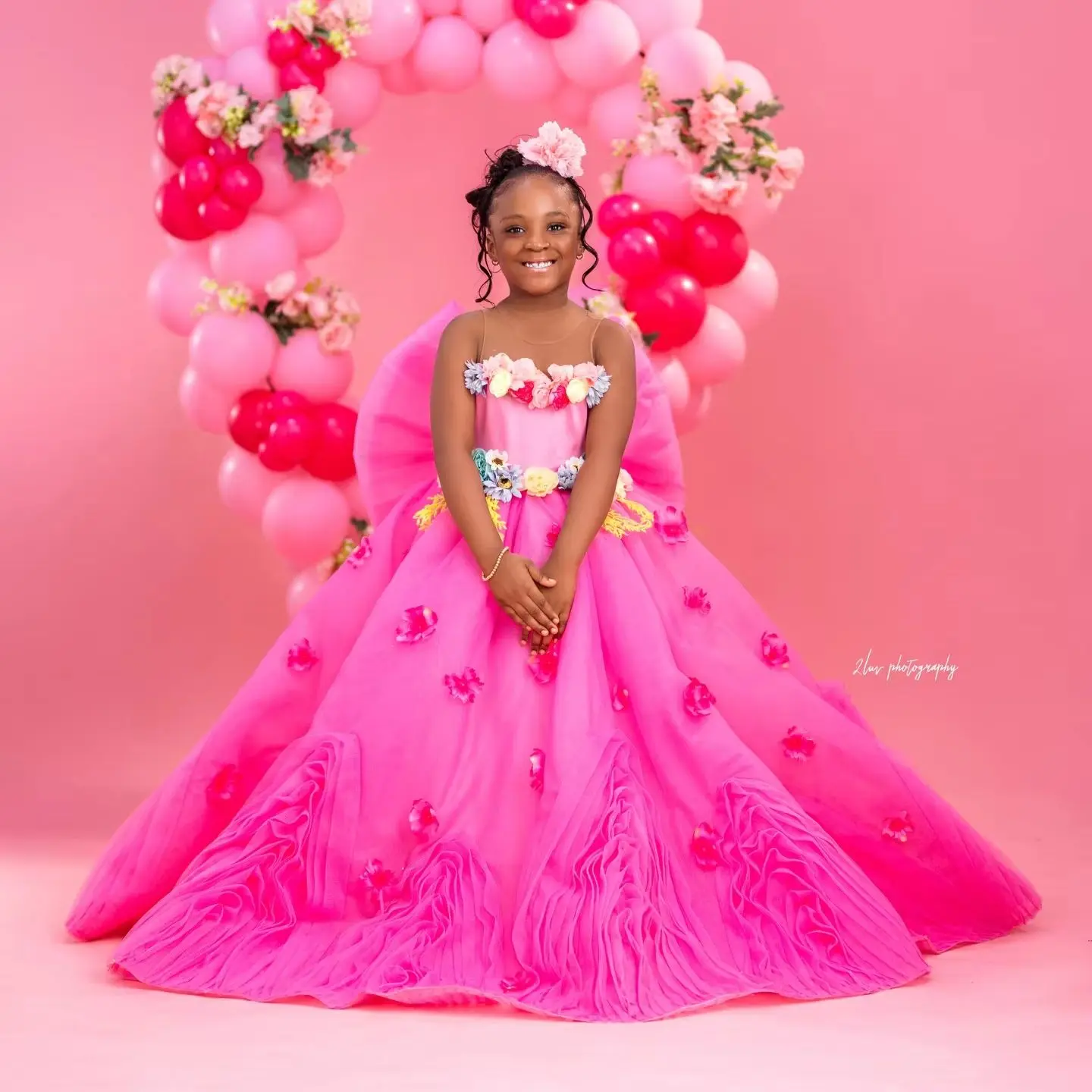 Luxury Pink Floral Girl's Birthday Party Dresses Customized Ruffles Flower Girl Dress Baby Girl Pageant Gowns for Photoshoot
