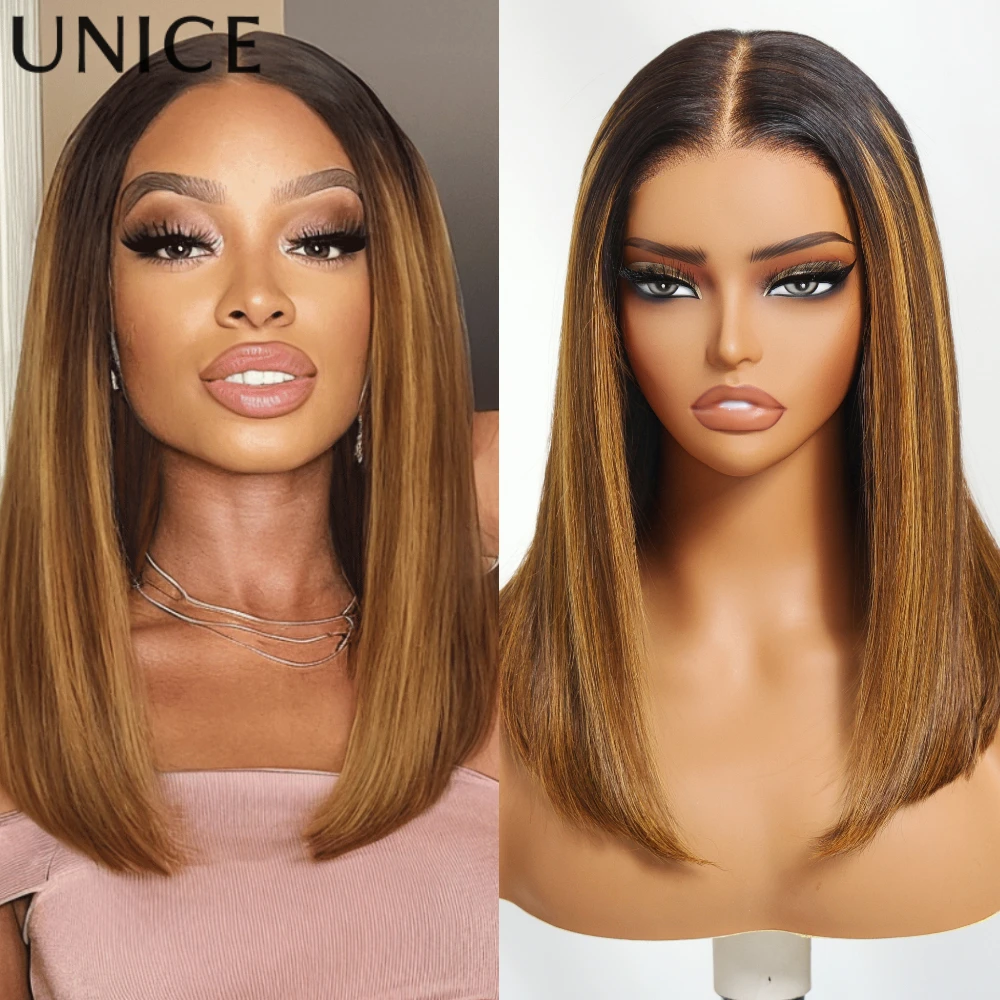 UNice Upgrade No-Slip Cap 7x5 Lace Brown Piano Highlights Straight Bob Wig Human Hair Glueless Bob Wigs Ready To Wear