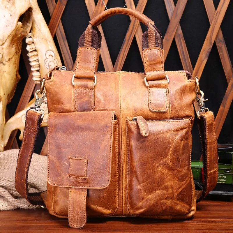 Retro crazy horse leather men's genuine leather business briefcase, carrying large-capacity men's single-shoulder crossbody bag