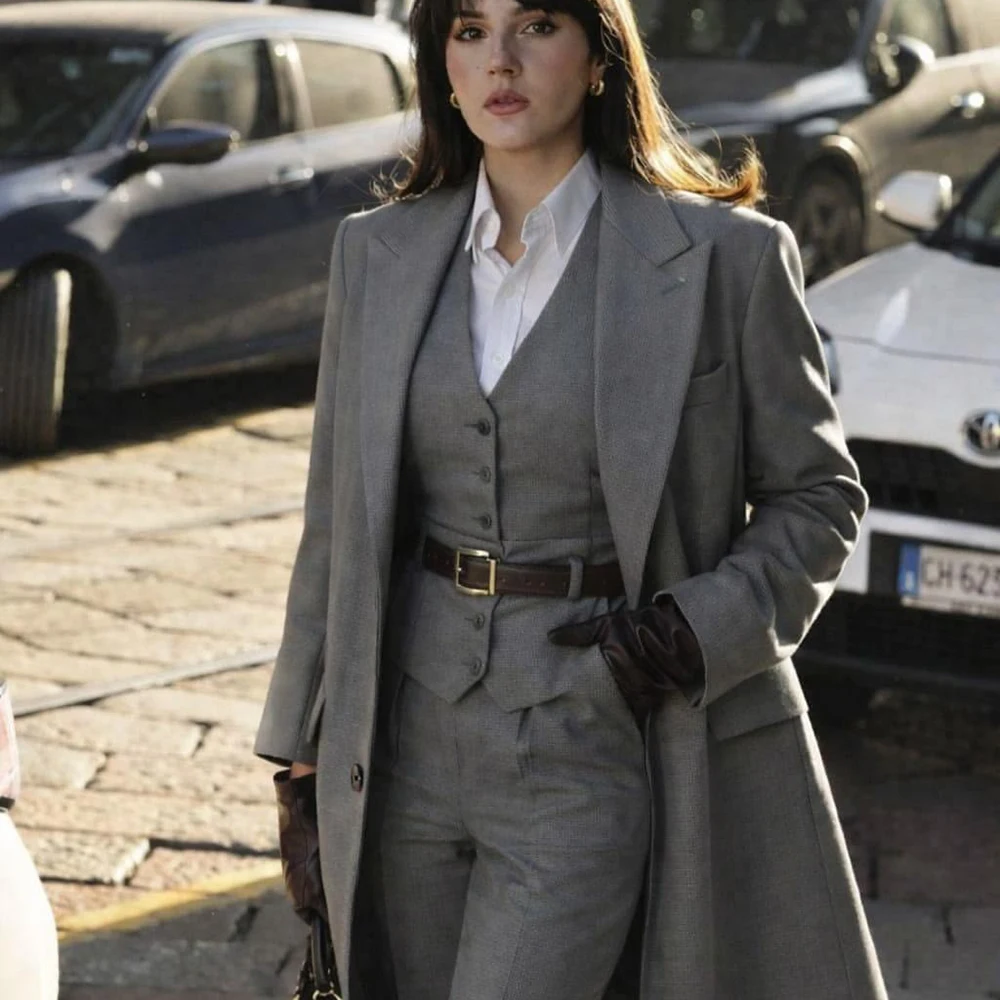 Formal Women Grey Woolen 3Piece Suit Luxurious Long Jacket Vest Trousers Set Office Business Power Lady Pantsuit Elegant Outfit