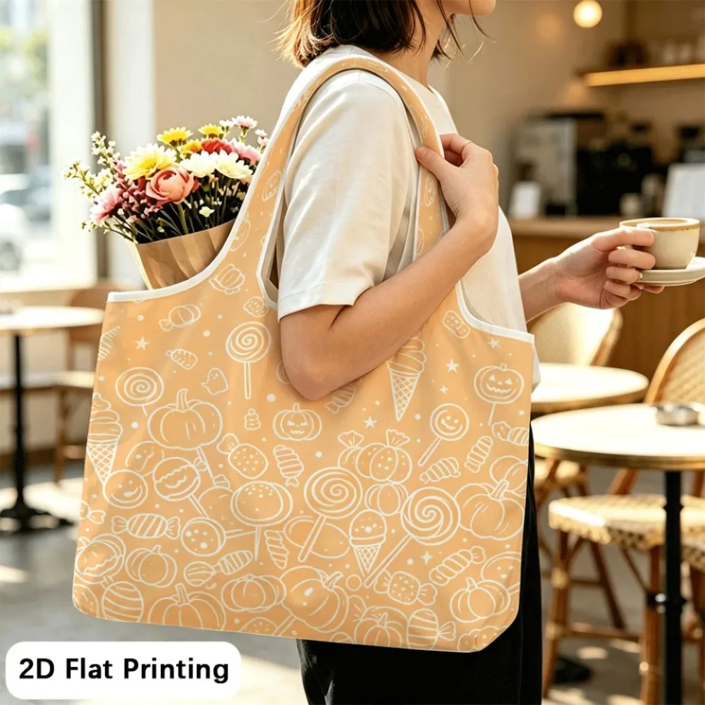 Pale Orange Halloween Doodle Foldable shoulder tote bag, a practical daily bag for everyone.