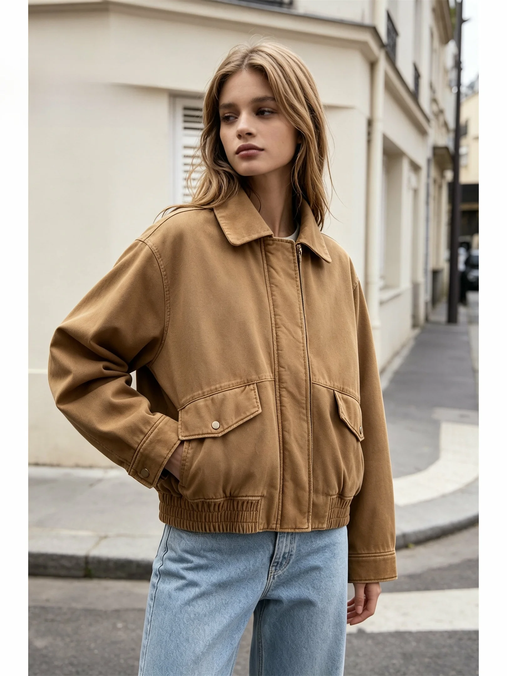 Slim Fit American Casual Style Zipper Long Sleeve Cotton Jacket for Women Loose Outerwear Stand Collar Thin Cotton Coat