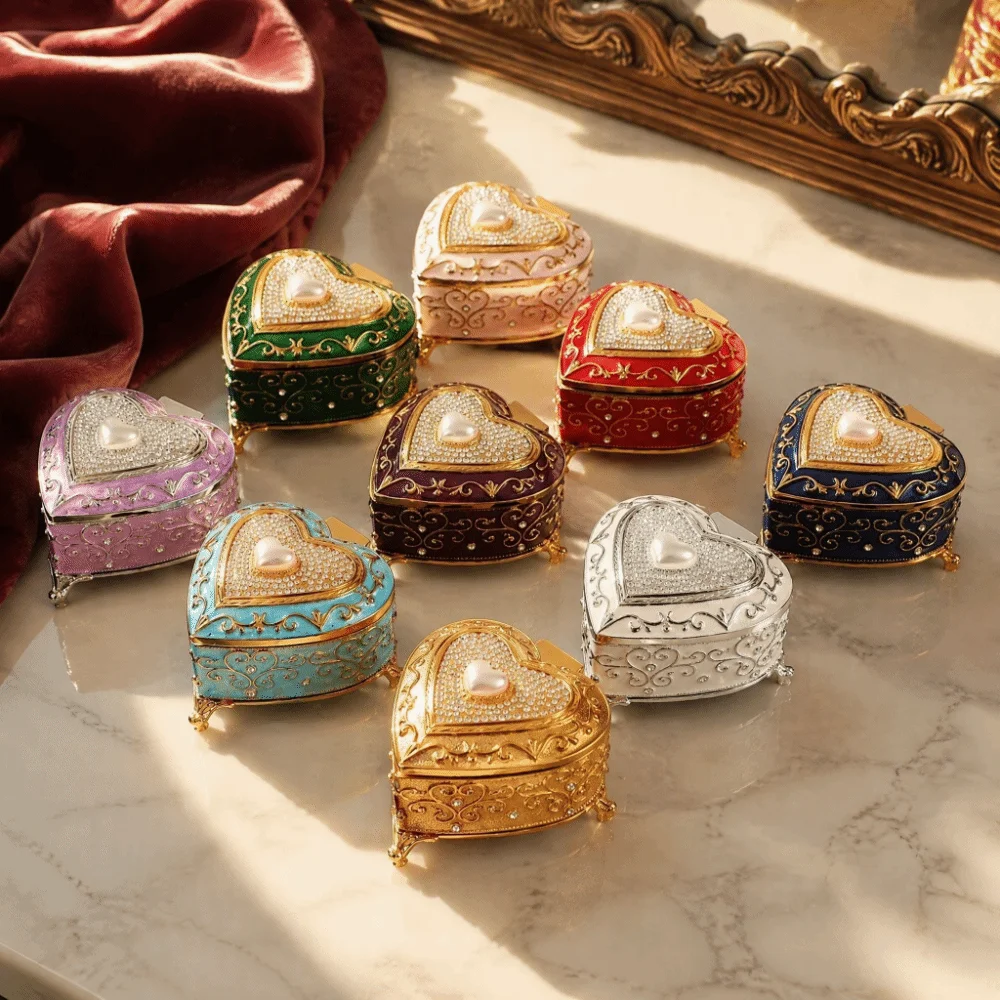 Exquisite Zinc Alloy Heart Jewelry Box Rhinestone European Style Retro Jewelry Container Luxury Trinket Case Gifts