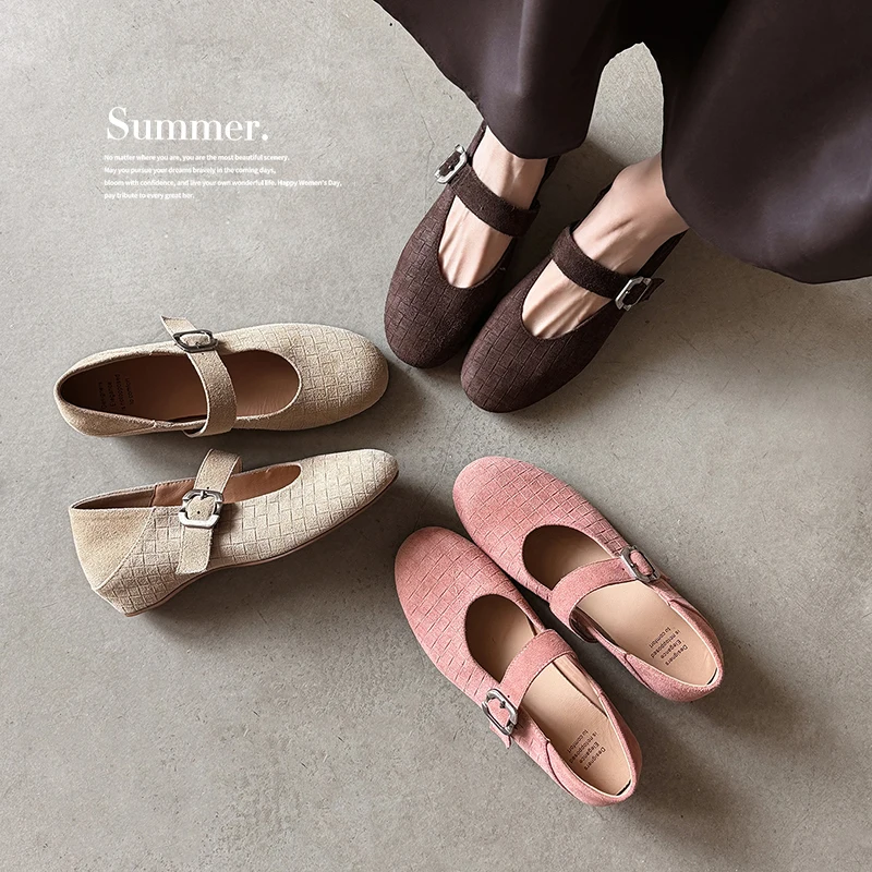 2026 new spring autumn women pumps natural leather 22-25cm grid cow suede+sheepskin+pigskin buckle mary janes women shoes