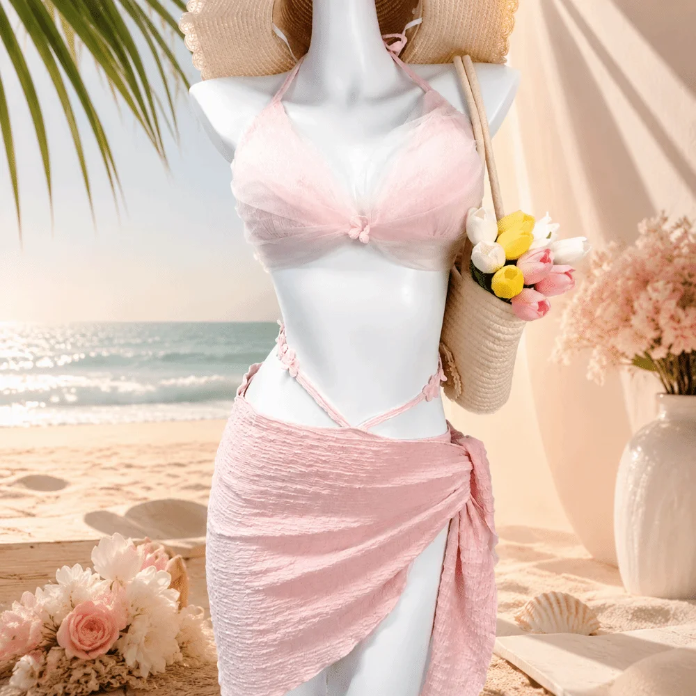 New Sleeveless Bikini Set Lace Up Slim Fit 3-pieces Swimsuit Mesh Beachwear Clothing Bathing Suit Swim