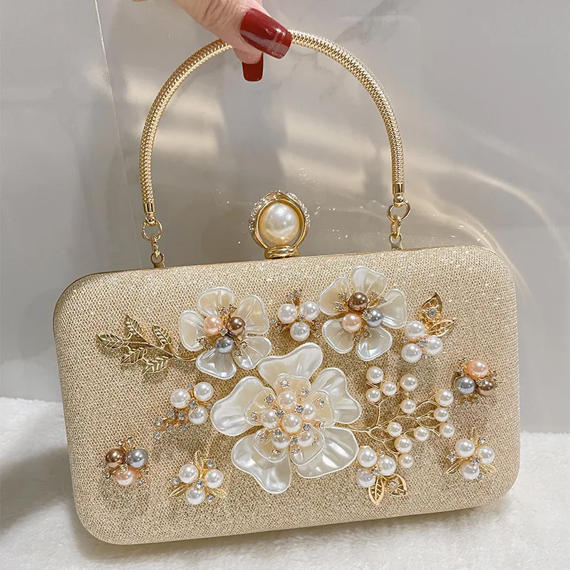 Pearl Beaded Clutch Bags For Women Evening Banquet Dress Party Top Handle Bag Flower Decoration Ladies Wristlet Handbag Purse