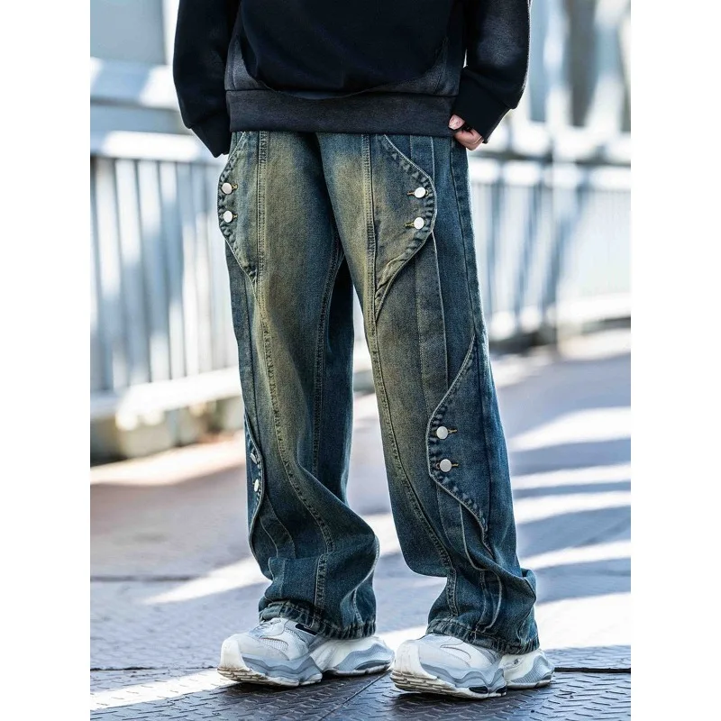 Men Rivet Stitch Patchwork Loose Wide Leg Denim Jeans