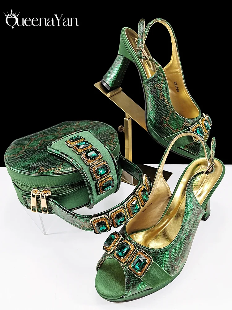 Mature Green Color Striped and Rhinestone Metal Decoration Design High Heels and Three-Dimensional Bag Set for Party Wedding