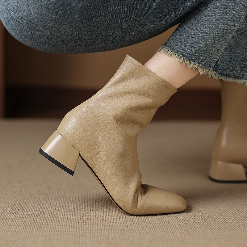 2026 new autumn winter women ankle-boots plus size 22-26.5cm split leather+sheepskin/plush square toe side zip short boots