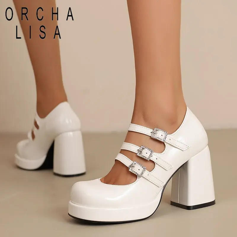 ORCHA LISA Fashion Women Pumps Round Toe 9cm Block Heel Platform Buckle Strap Oversize 43 44 45 Mary Janes Female Shoes Summer