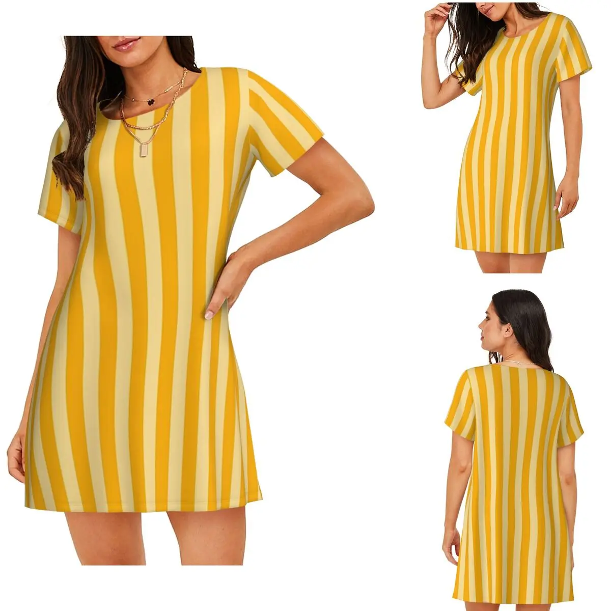 Striped Vertical 2 Yellow Short Sleeves Nightdress For Sleeping Sleepshirts Women Short Sleeve Nightgowns Loose Pajama Dress