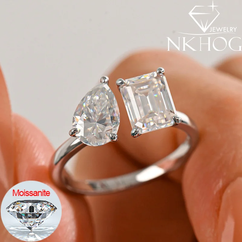 925 Sterling Silver 3.5cttw Moissanite Rings Women Pear Emerald Cut Toi Et Moi couple Band Open Adjustable Fine Jewelry Gift GRA