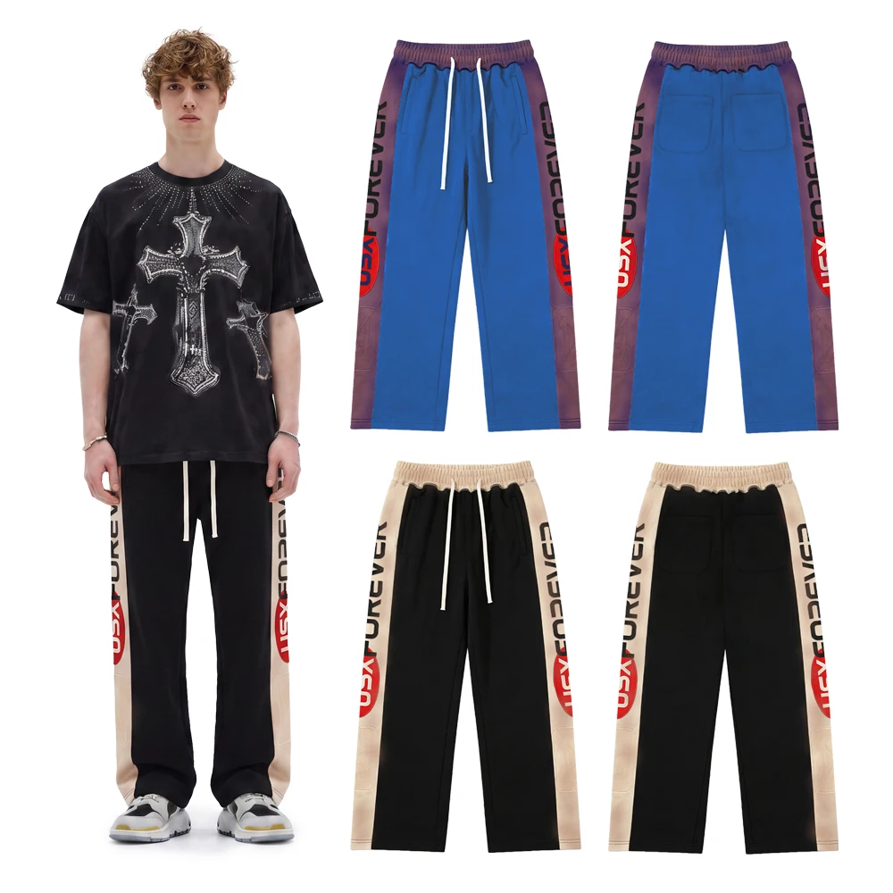 Y2k Streetwear Patchwork Loose Sweatpants Hiphop Street Style Terry Cotton Vintage Clothing Letter Embroidery Casual Sport Pants