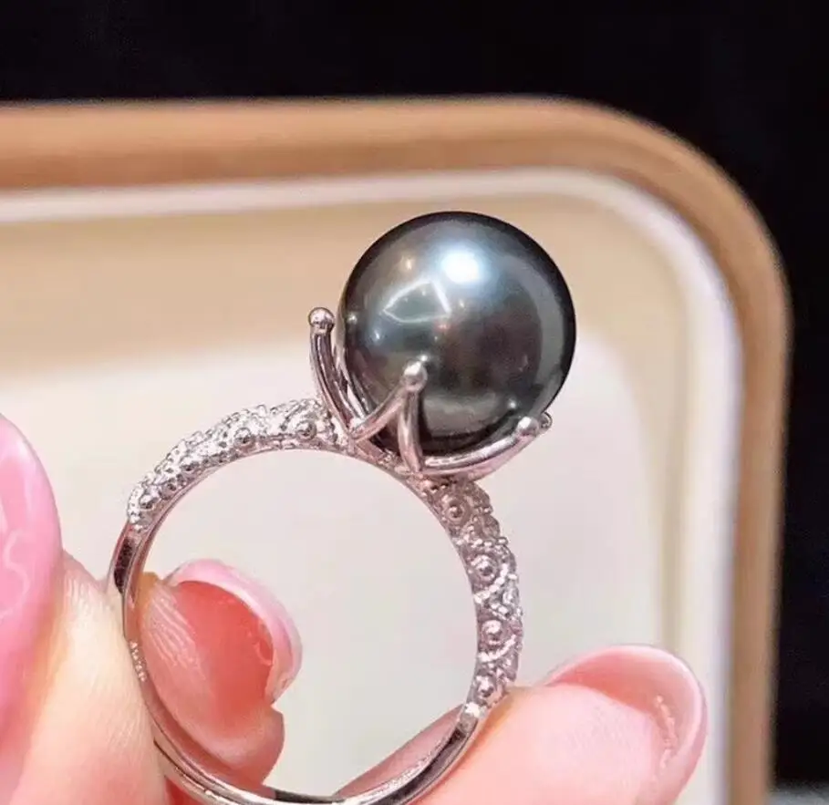elegant 9-10mm south sea round black pearl ring 925s