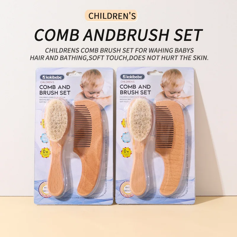 Wool Baby Brush Set - Soft Bristle Scalp Cleaning & Shampoo Brush, Beech Wood Handle Comb for Newborns' Bath Massage.