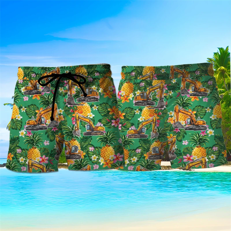 Excavator 3D Printed Boardshorts Casual Hawaiian Worker Short Pants For Men Clothes Construction Work Jersey Trunks Bermudas