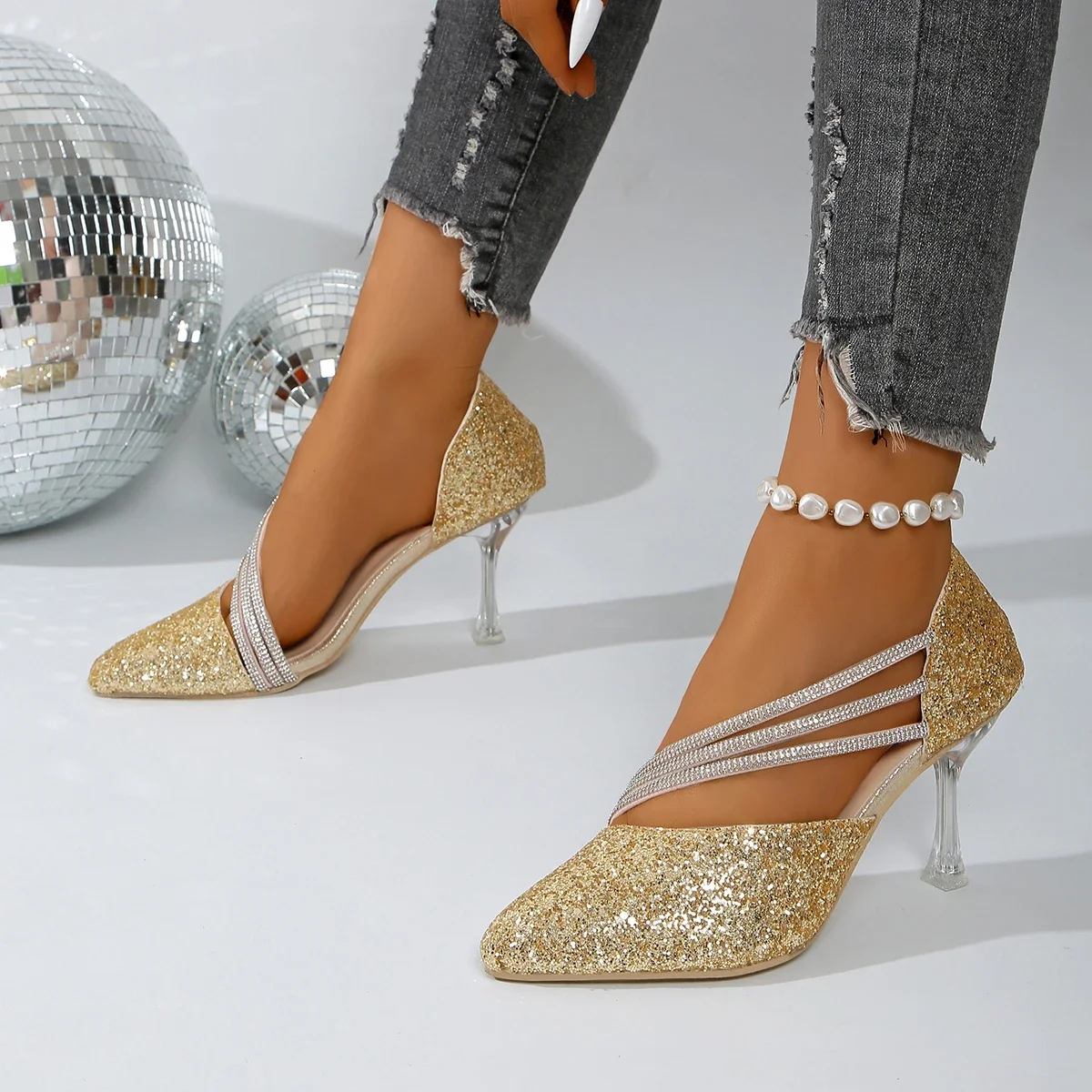 2026 Women's ShoesSexy Pointed Toe Champagne Ladies High Heels New Shiny Crystal Wedding Bridal Shoes Simple And Elegant Women's