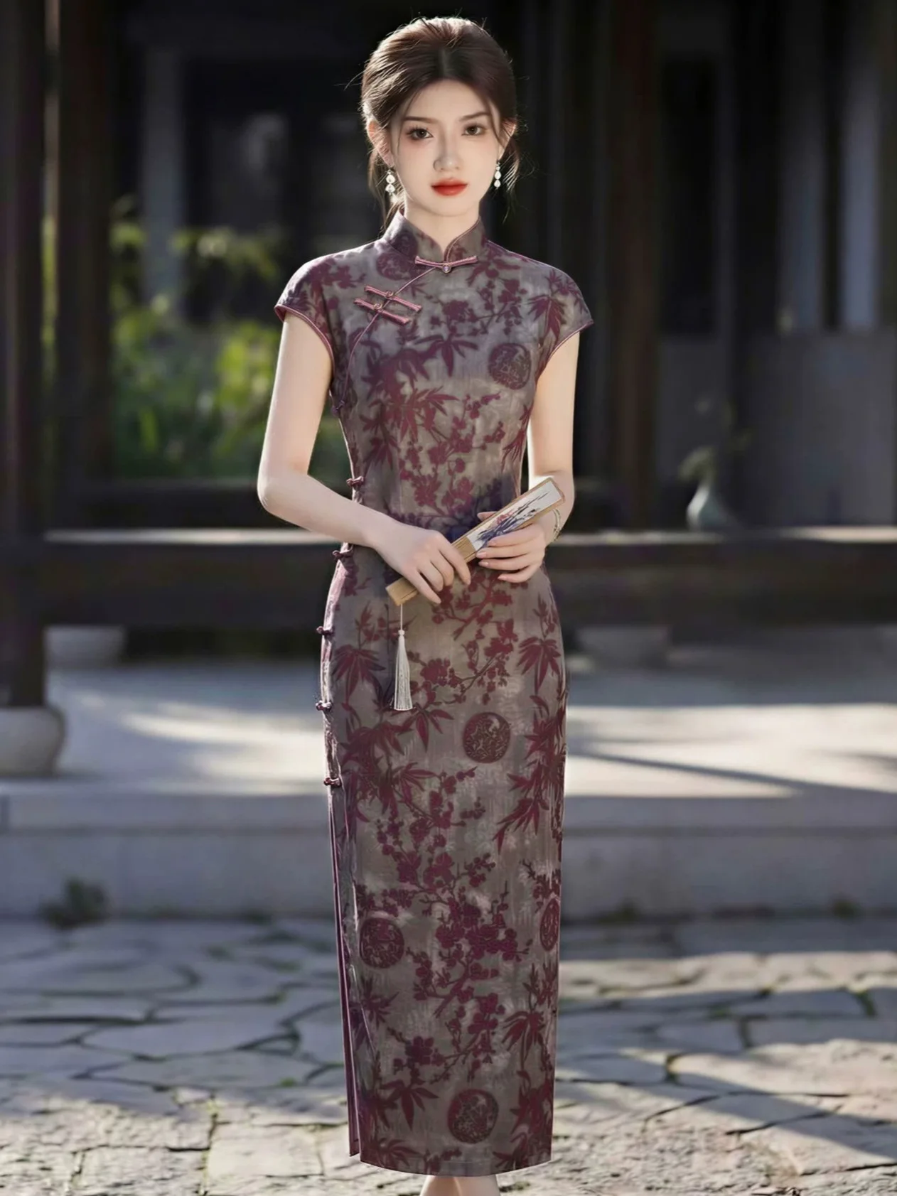 Classic Traditional Chinese Dress Elegant Print Flower Cheongsam Sexy Slim Summer Short Sleeve Qipao Dress