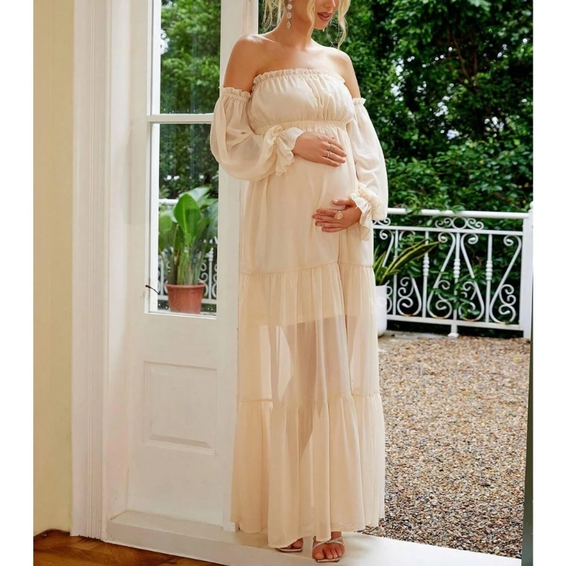 CORB Elegant Off Shoulder Maternity Dress Long Sleeves Open Back For Pregnant Women