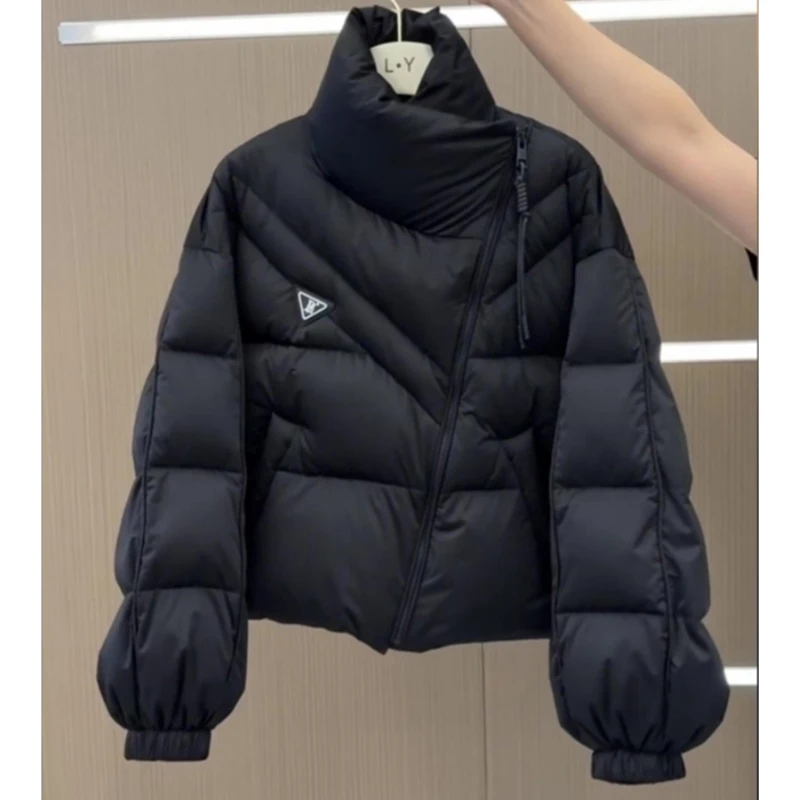 Winter Warm Puffy Jacket Women Street Long Sleeve Thick Cropped Parkas Coat Irregular Zipper Stand Collar Vintage Outwear