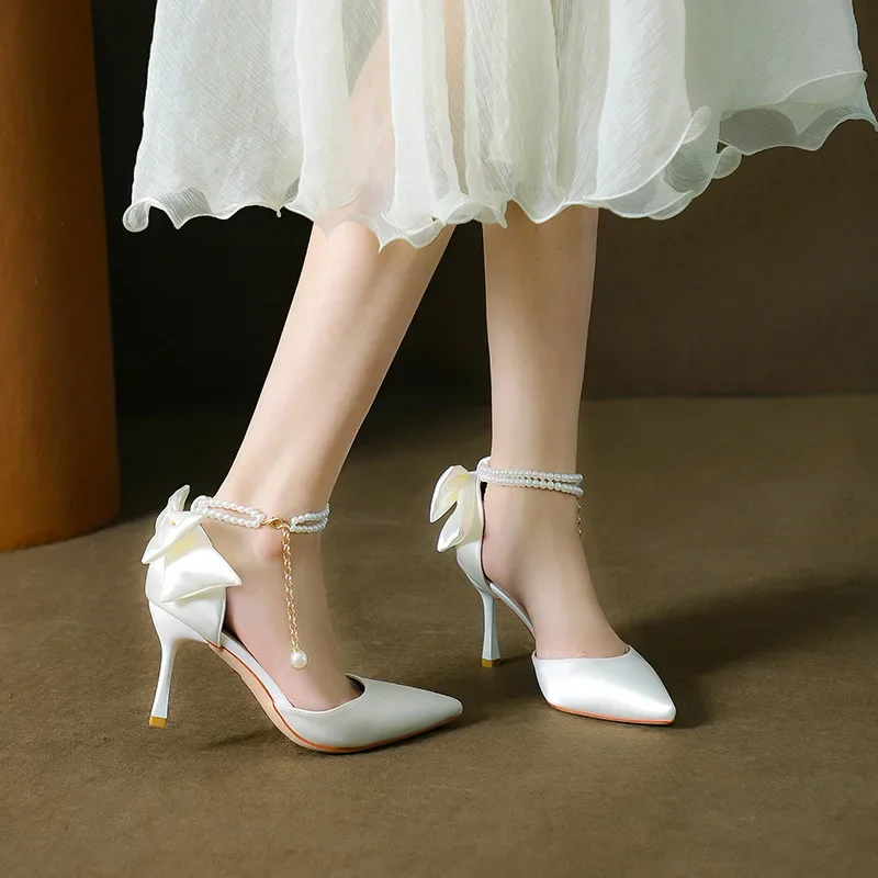 Size 31-44 Pointed Toe Stiletto High Heel Bow Women White Wedding Shoes Small/big Size Women's Shoes