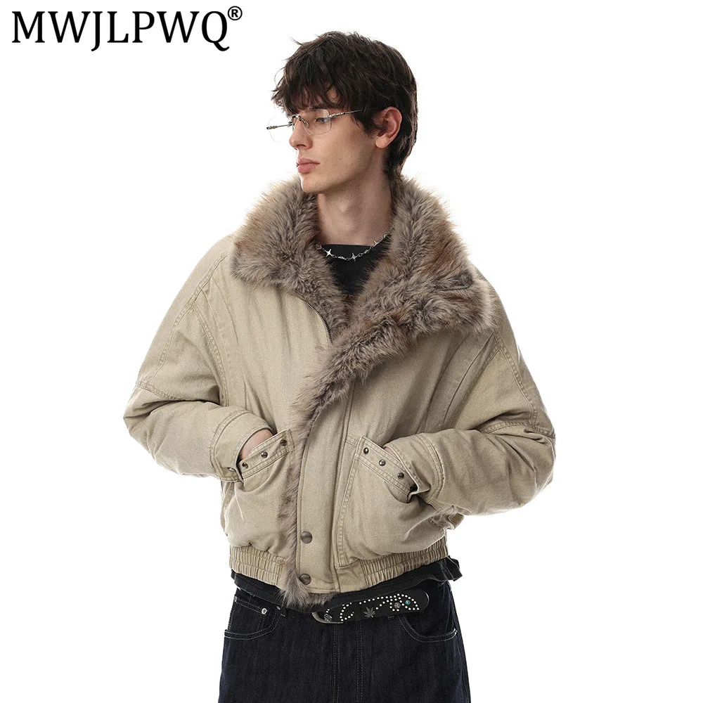 MWJLPWQ Punk-Style Distressed Workwear Cotton Jacket For Men Winter Thickened Warm Stand Collar Faux Mink Fur Trim Tops 21334