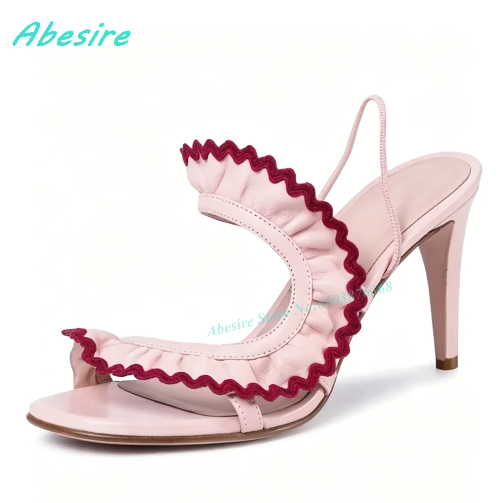 Pink and Red Ruffled Back-Strap Sandals Open-Toe Thin Heels Women's Sandals Summer Casual Concise Street-Style Fashion Shoes