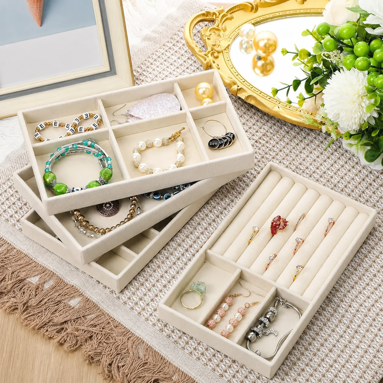 Velvet Jewelry Tray Stackable Jewelry Display Holder Jewelry Organizer Grey Earrings Storage Tray For Earrings Storage Bracelets