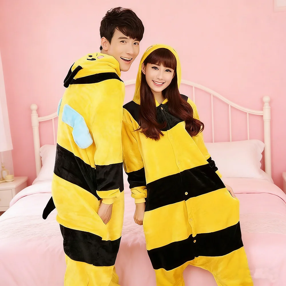Yellow Black Bee Pajamas Adult Onesie Animal Halloween Costume Unisex Onesies Plush Honeybee Cosplay Pajamas One-Piece Sleepwear