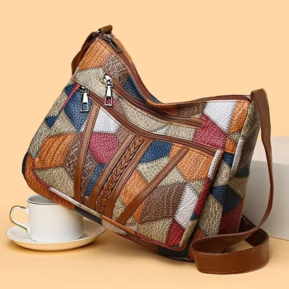 Women's Crossbody Shoulder Bag, Lightweight Geometric Pattern, Multi-Layer Design, Secure Zipper Closure, Colorful Accessories