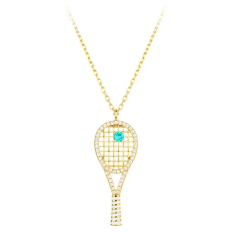 Bellux Pendant Chain 925 Silver Synthetic Zircon Yellow Gold Hollow out Tennis Racket Cute Design Necklace