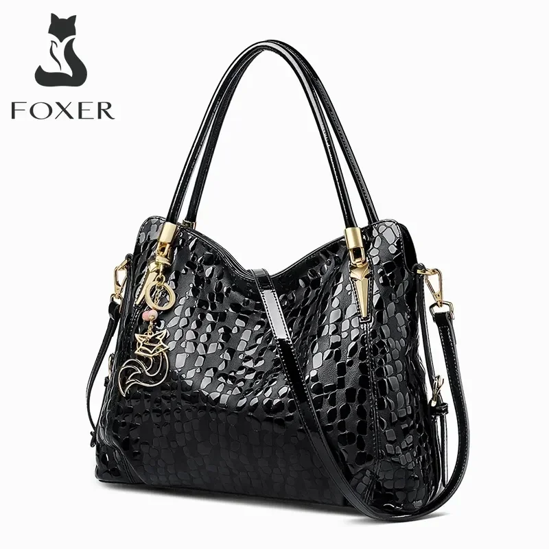FOXER Women Natural Cow Leather Handbag Large Capacity Classic Black Genuine Leather Tote Lady Stylish Sequin Shoulder Bag