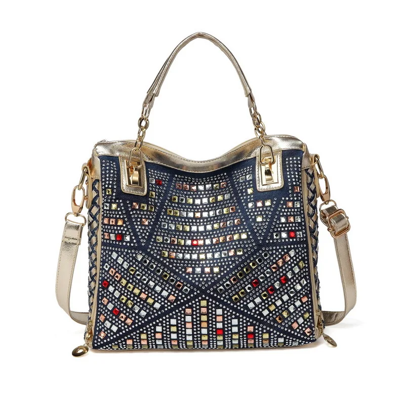 Bag women 2026 new women's bag denim colored diamond shoulder messenger bag casual luxury design tote bag
