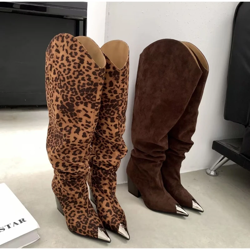 Leopard Print Vintage Pleated Soft Boots Pointed-toe Design Frosted Western Cowboy Boots Fashion Y2k Vintage Knee-high Boots
