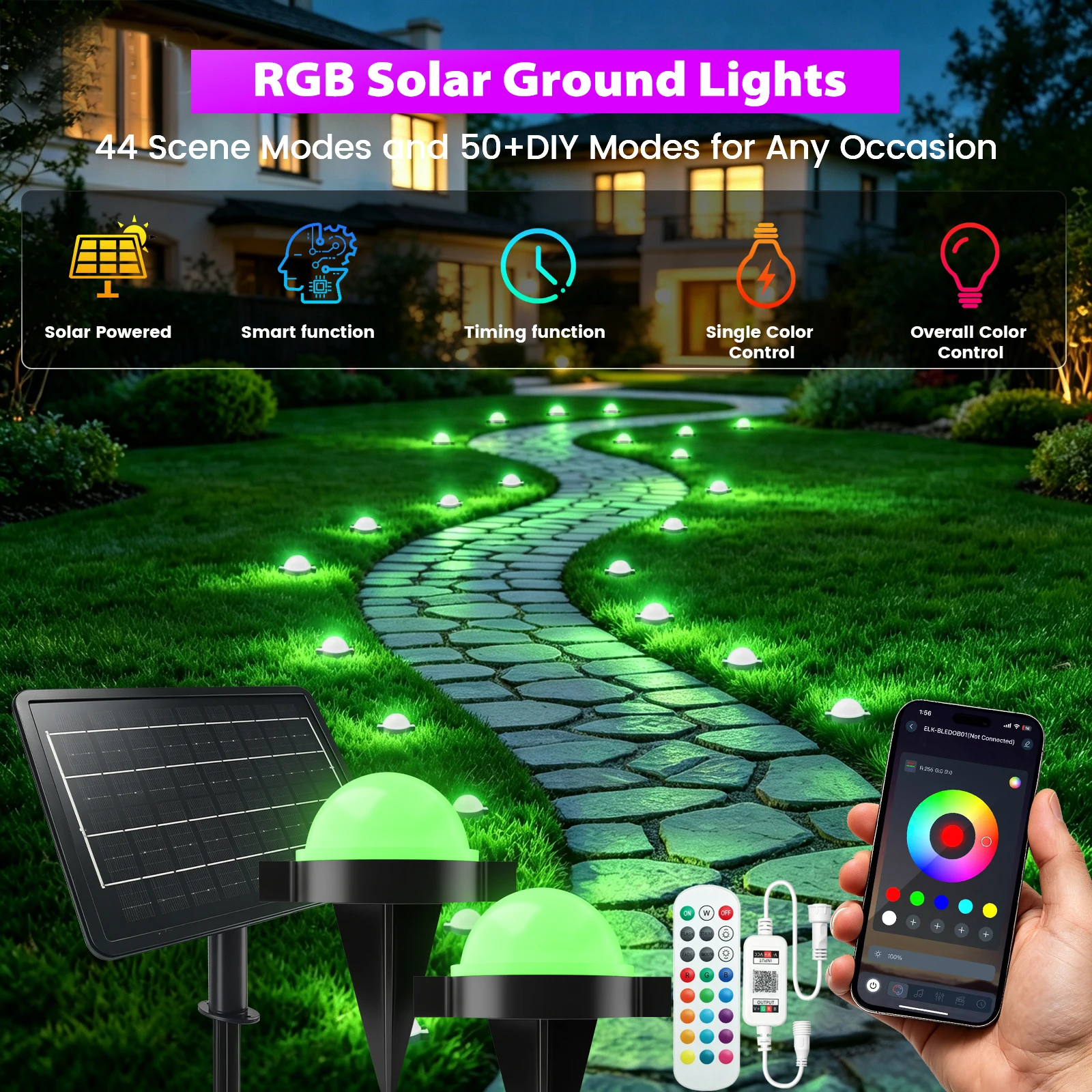 Outdoor Solar Lights RGB Changing Lawn Ground Lamp APP Control IP67 Waterproof Landscape Pathway Light 8 Modes Garden Decoration
