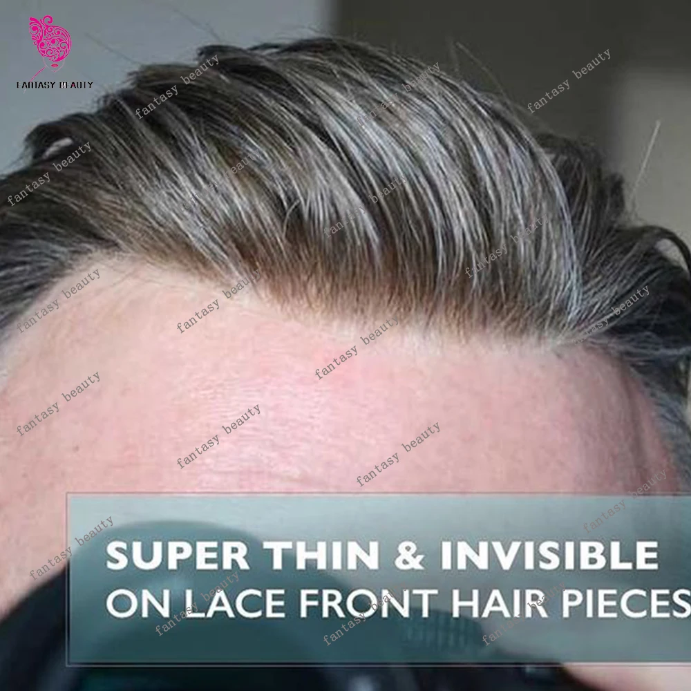 Men's Super Thin Microskin 0.02mm V-loop Grey Black Ash Brown Human Hair Hairloss 80%Density Natural Hairline Toupee Prosthesis