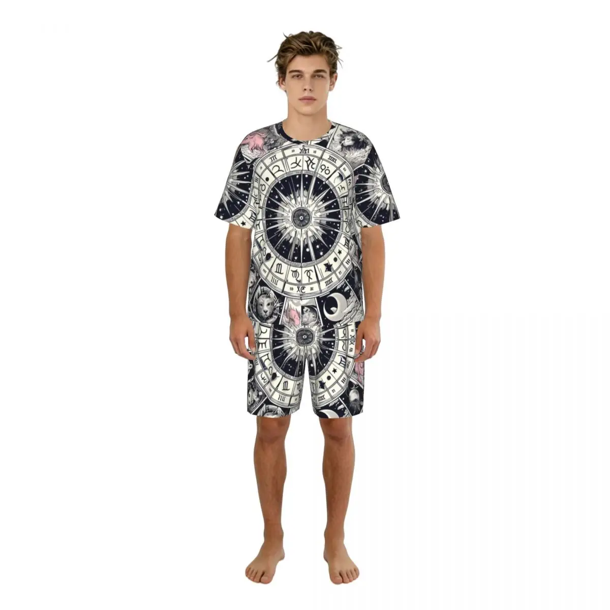 Summer Men Pajama Set Astronomical Clock With Zodiac Signs Short Sleeve Sleepwear Casual Homewear Loose Fit Nightwear