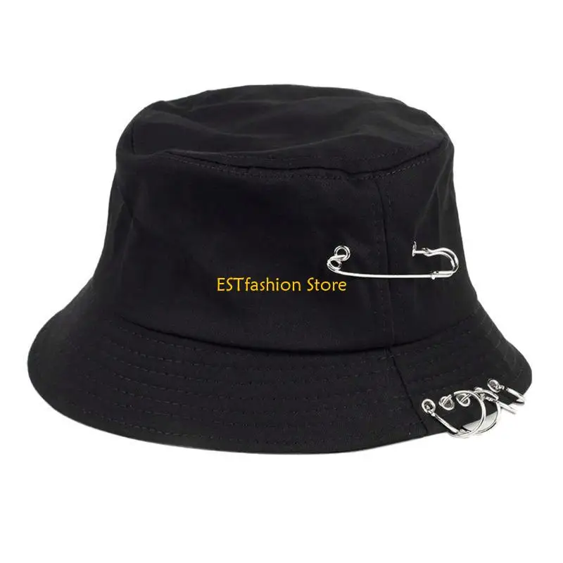 Y5GC Bucket Hat Summer Travel Fashion Beach for Sun Hat Harajuku Hip Hop Color Metal Rings Fisherman Cap for Men Women