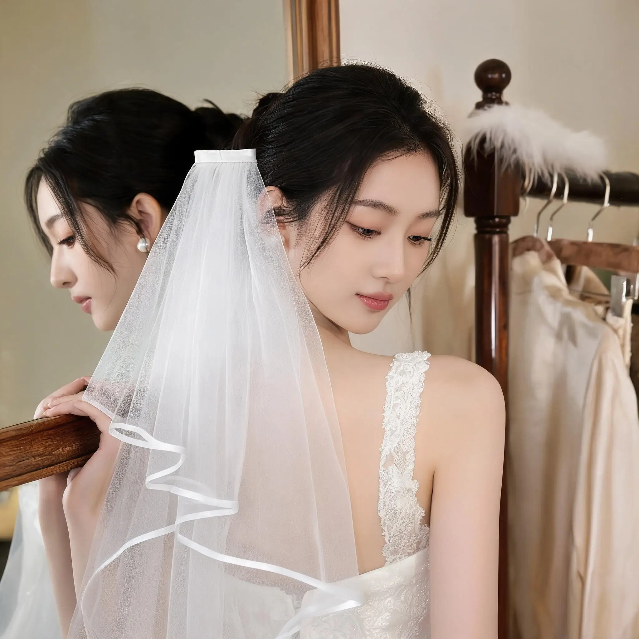 Vestidos Wedding Accessories Tulle Illusion Two Layer Ribbon White Ivory Edge Bridal Veils