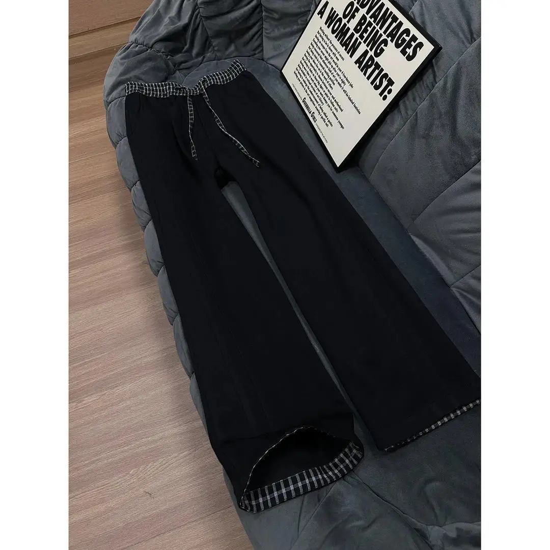 American Casual Plaid Patchwork Men's Loose Straight Leg Pants Breathable Polyester Fiber Urban Fashion Straight Tube Trousers