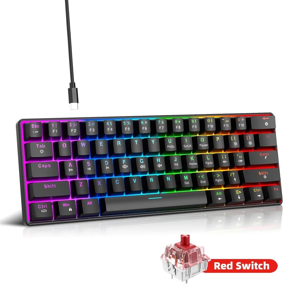 V900 61 Keys Wired Mechanical Gaming Keyboard, Red Switch, RGB Backlit, Ultra-Compact Mini Portable Hot-Swappable Keyboard