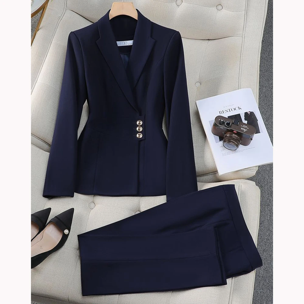 Navy Blue Women Suit Customized Single-breasted Peaked Lapel Two Pieces(Jacket+Pants) for Casual Occasions Daily Office Lady Set