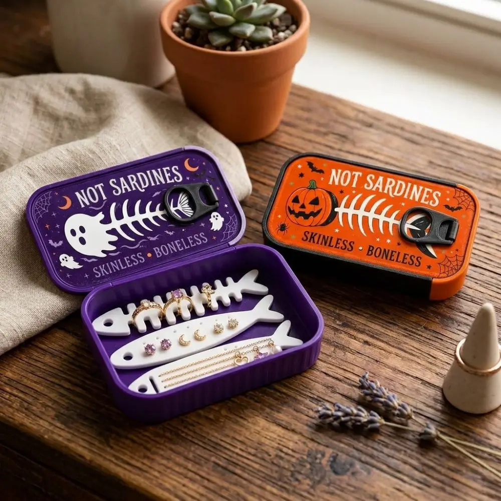 Fish Bone Insert Halloween Sardine Tin Jewelry Box Fish-Shaped Holders Gothic Pumpkin Ghost Trinket Box Tangled-Proof