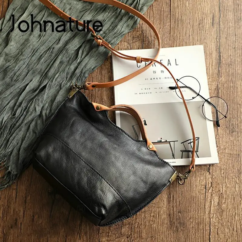 Johnature Simple Genuine Leather Women's Bag 2026 New Vintage Large Capacity Handbag Nature Soft Cowhide Shoulder Messenger Bags
