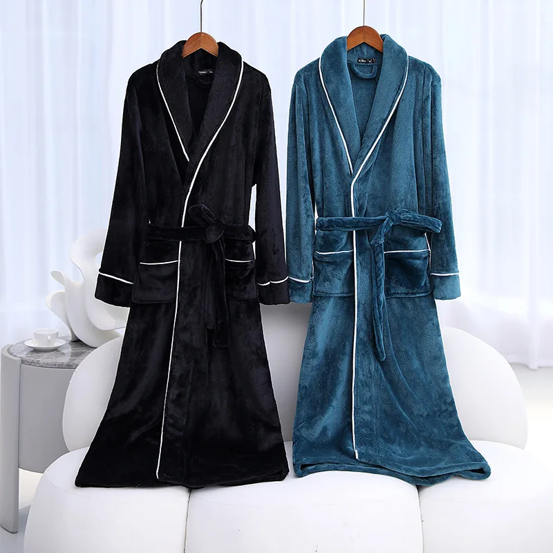 Winter Flannel Long Couple Robe Sleepwear Thick Warm Coral Fleece Bathrobe Gown Nightwear Loose HomeWear Loungewear